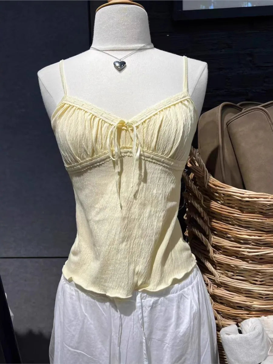 Gray Folds Lace-up V-neck Tank Tops Women Summer Casual Lace Cotton Slim Sleeveless Vests Sweet Cute Preppy Style Camisole