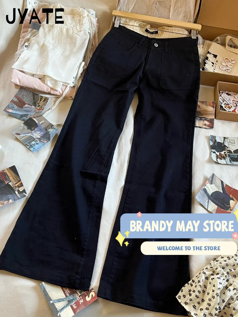 Harajuku Black Pockets Low Waist Straight Pants Women Spring Streetwear Casual Cargo Long Pant Vintage Baggy Simple Trousers Y2K