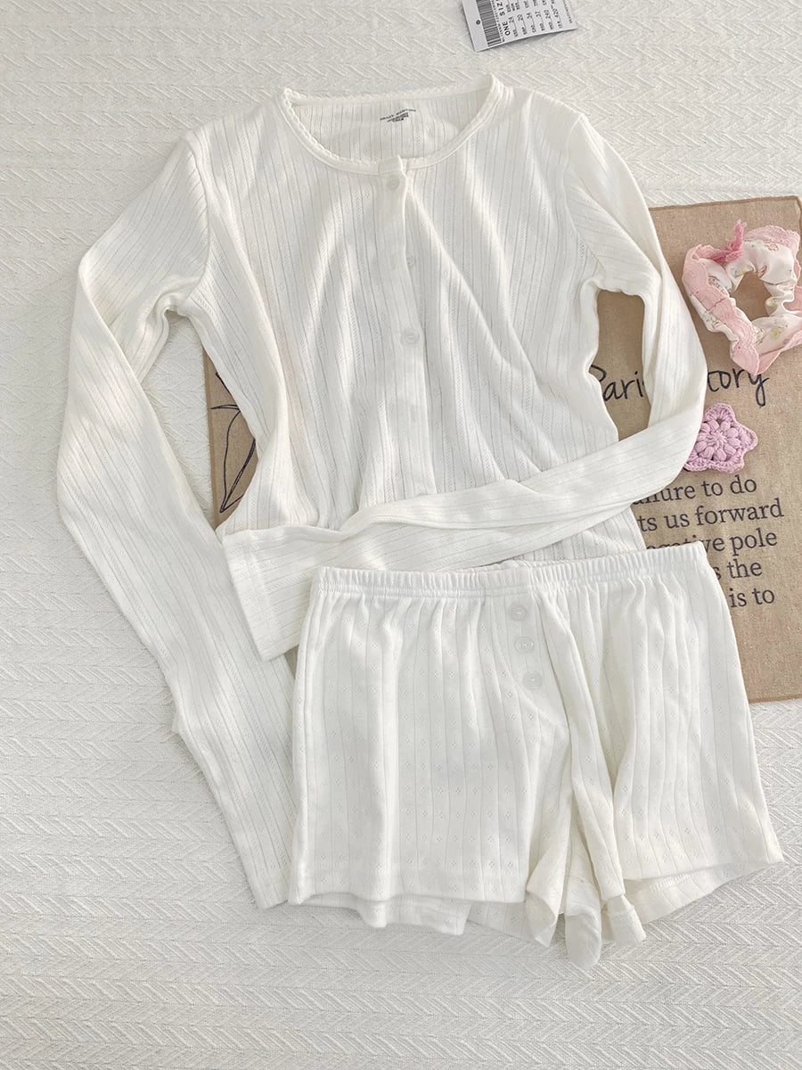 Sweet Eyelet Long Sleeve T-shirt Shorts Set Women Cotton Buttons Home Pajama 2 Piece Sets Slim Tees+Elastic Straight Sweatshort