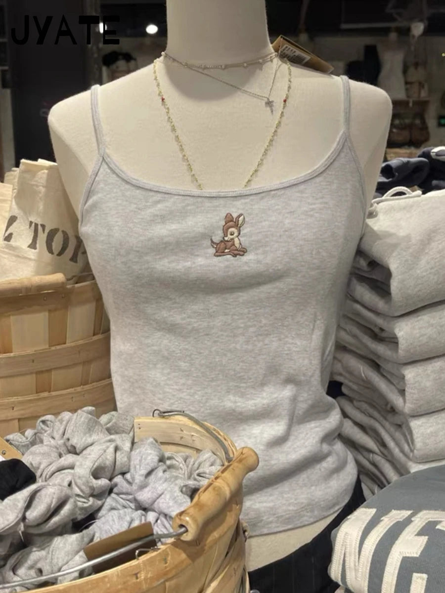 Little Bear Embroidery U-neck Tank Tops Women Summer Cotton Streetwear White Casual Cropped Vest Sweet Cute Vintage Camisole Y2K