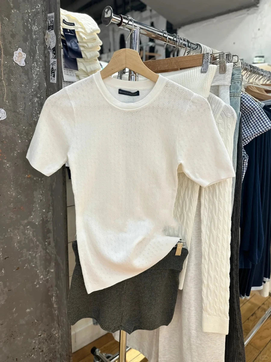 White Eyelet Short Sleeve Tees Women New Cotton Soft Casual Basic Simple O-neck T-shirts Preppy Style Sweet Cute Tshirt Y2K Tops