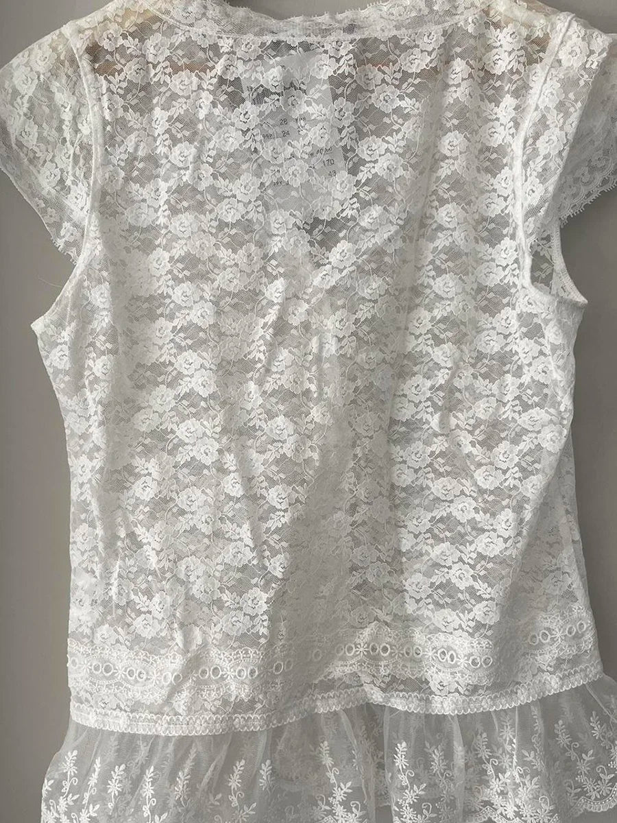 Sweet Jacquard Transparent Crop Tops Women Summer New Bow Lace Mesh V Neck Short Sleeve Tee Vintage Slim Cute Thin T-shirts Y2K
