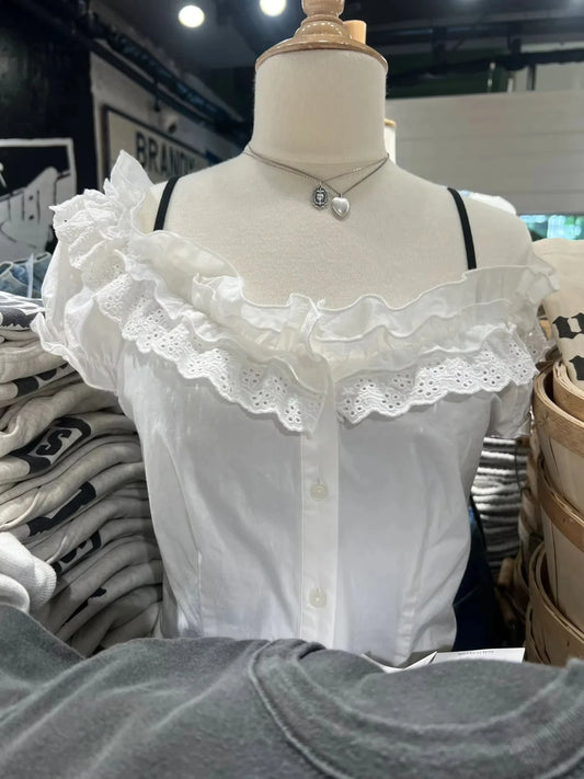 Lace Trim Ruffles Floral Embroidery Tees Blouse Woman Summer Cotton Slash Neck Short Puff Sleeve Shirts Sweet Cute White T-shirt