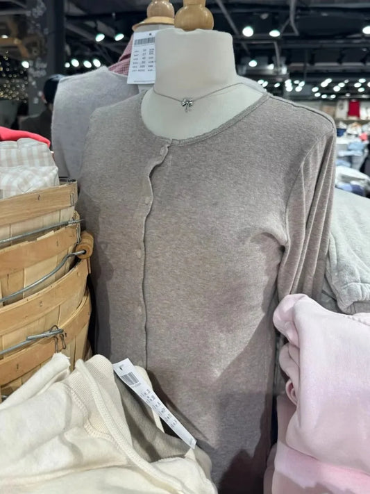 Retro Oat Color Slim Long Sleeve T-shirt Women Preppy Style O-neck Single Breasted Cotton Tee Shirts Vintage Basic All-match Top