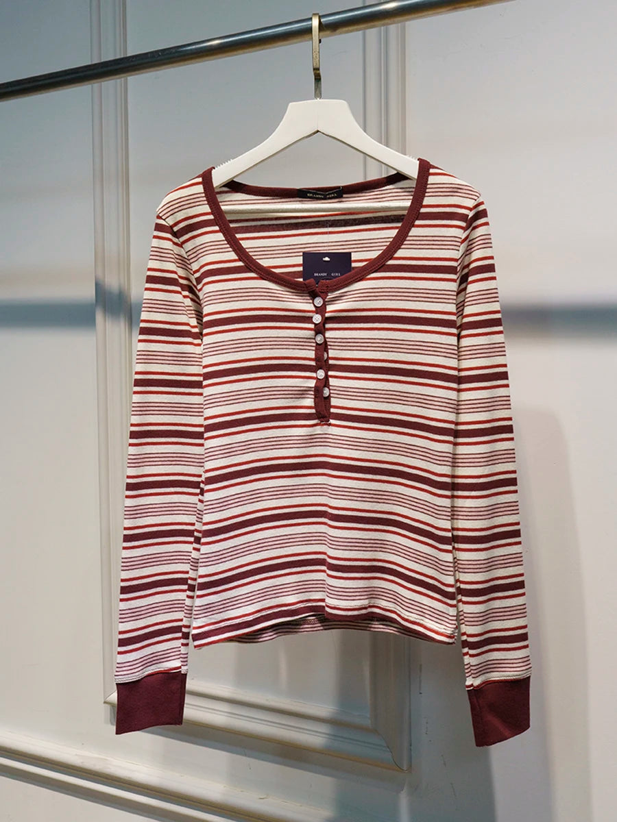 Zelly Tops Navy Striped Buttons Long Sleeve Tees Women Casual Chic Cotton T-shirt Cute Preppy Style Slim Tshirt