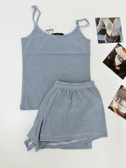 Striped Blue Home 2 Piece Sets Women Cotton Sleeveless Crop Top+Elastic Waist Straight Short Pant Vintage Tank Shorts Pajama Set