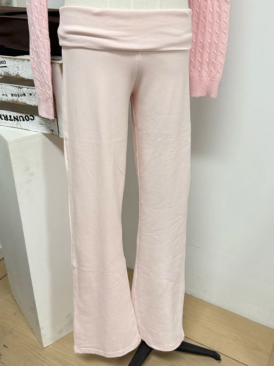 Flip up Pink Skinny Yoga Pants Women Autumn Elastic Cotton Long Flare Pants Female Sweet Casual Preppy Style Y2K Sport Trousers