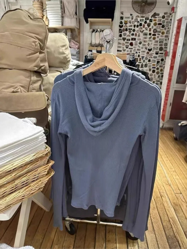Vintage Navy Blue Buttons Long Sleeve T-Shirts Women Autumn Streetwear O-Neck Loose Hoodies Tops Casual Vintage Sweet Tees Y2K