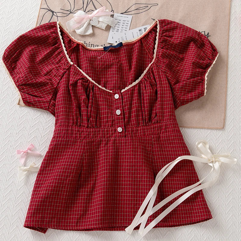 Vintage Red Plaid Blouse T-shirt Short Set Women Summer Buttons Tee+Straight Sweatshorts Suit Sweet Home Pajama 2 Piece Sets Y2K