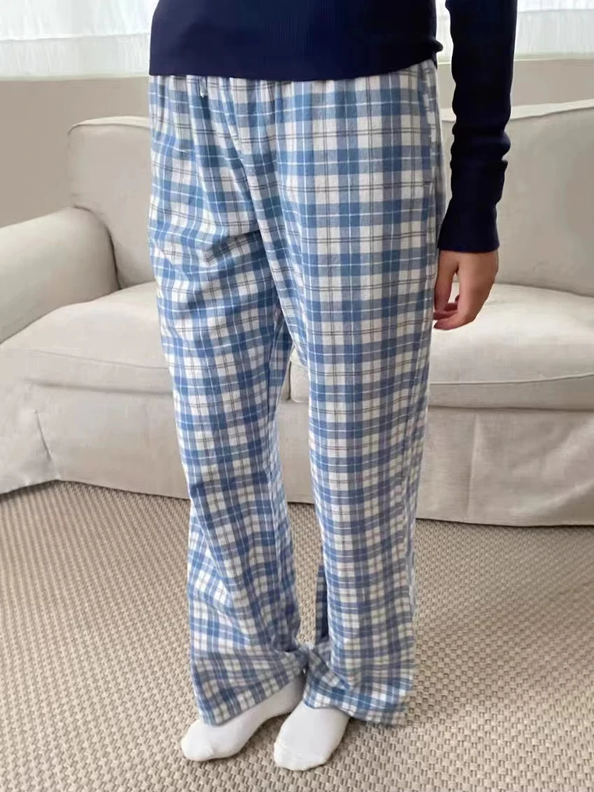 Plaid Drawstring Straight Pants Women Streetwear Casual Loose Elastic High Waist Pant Vintage Preppy Style Baggy Sweatpants Y2K