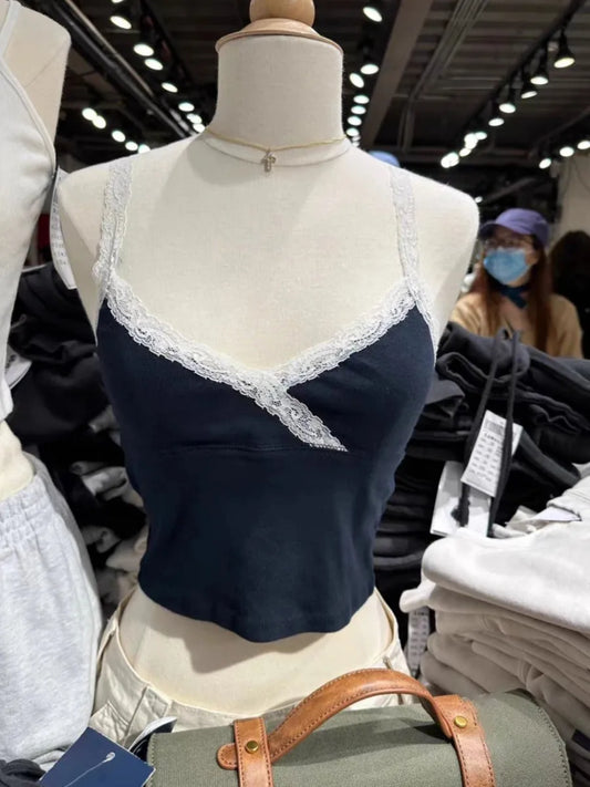 Lace Patchwork Slim V-neck Tank Tops Women New Cotton Streetwear Sexy Fairycore Camisole Female Cute Vintage Chic Y2K Crop Vests