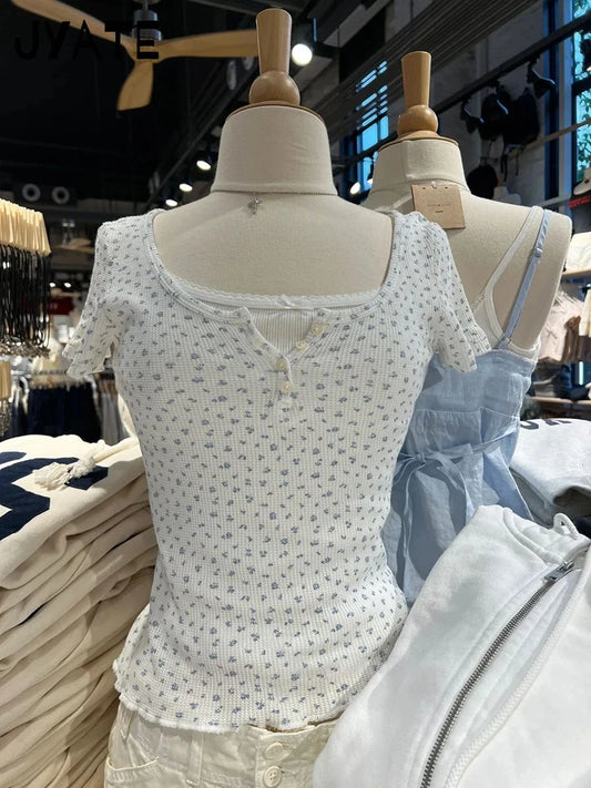 Sweet Blue Floral Waffle O-neck T-shirts Women New Casual Simple Buttons Slim Short Sleeve Tees Preppy Style Cute Y2K Crop Tops