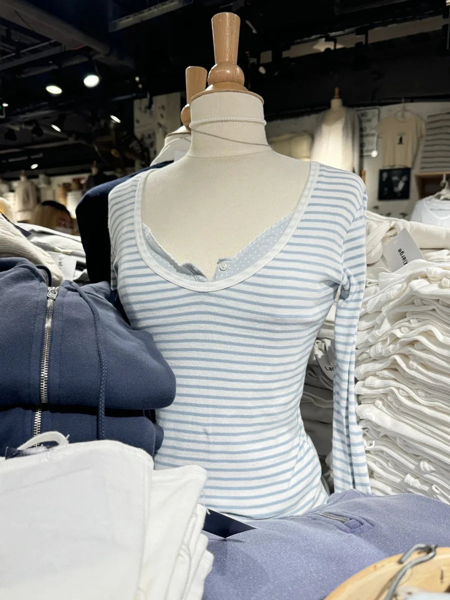 Sweet Blue Striped Long Sleeve T-shirt Women Autumn V-neck Cotton Slim Tee Tops Femme Vintage Streetwear Preppy Style Tshirt New