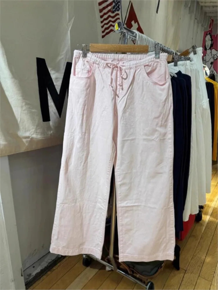 Pink Sweet Drawstring Loose Pants Women New Sexy Low Waist Pockets Straight Long Pant Baggy Cute Preppy Style Chic Trousers Y2K