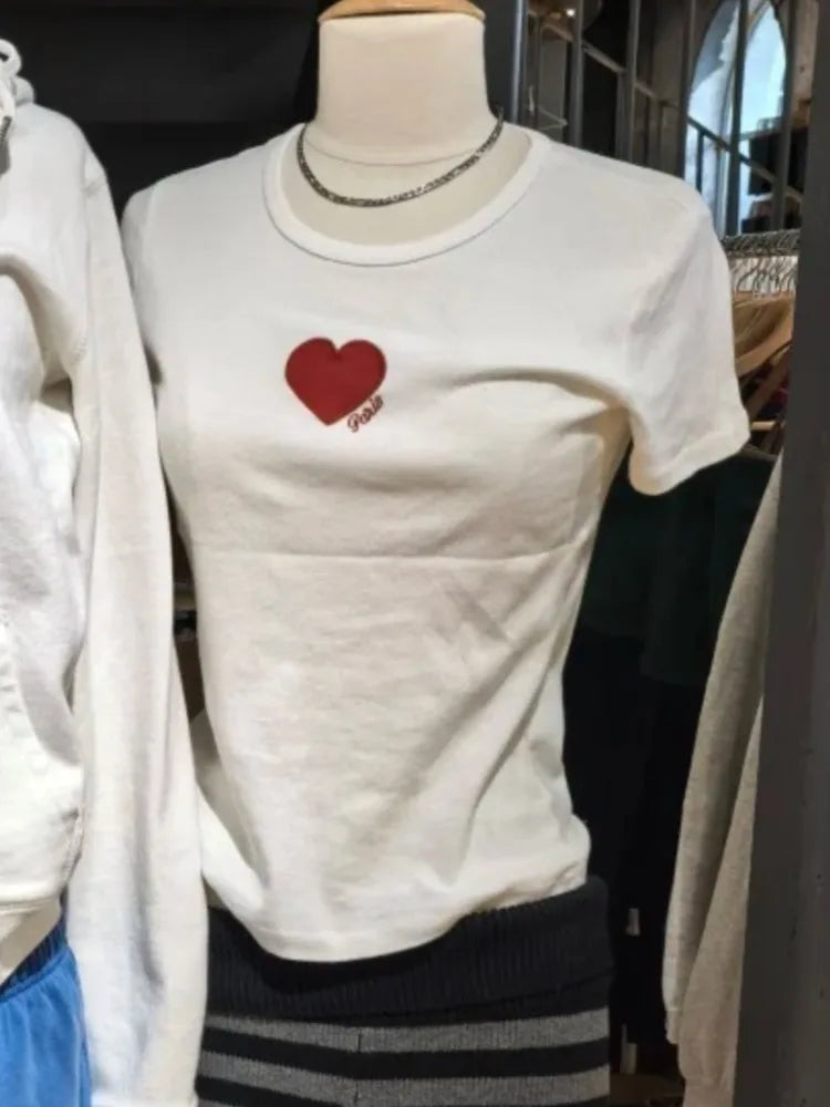 Red Heart Embroidery T-shirts Women Summer Cotton O-neck Casual Preppy Style Short Sleeve Tees Vintage Cute Sweet  Tops Y2K