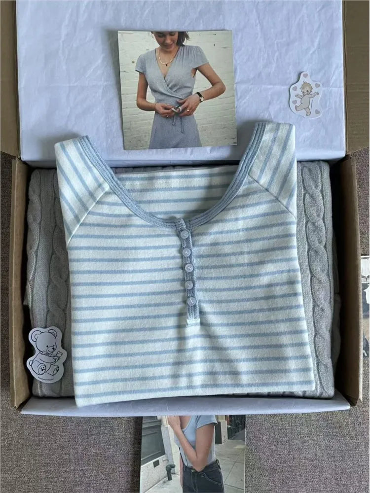 Blue Striped Button T-shirts Women Cotton Slim Preppy Style Simple Crew Neck Short Sleeve Tees Sweet Cute Fashion Y2K Tshirts