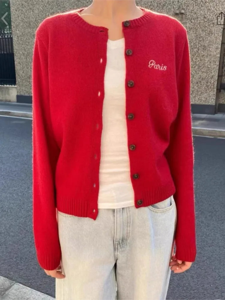 New Red Christmas Knitted Cardigan Women Autumn Casual Letter Embroidered Long Sleeve Sweater Sweet Cute Vintage Knitwear Tops