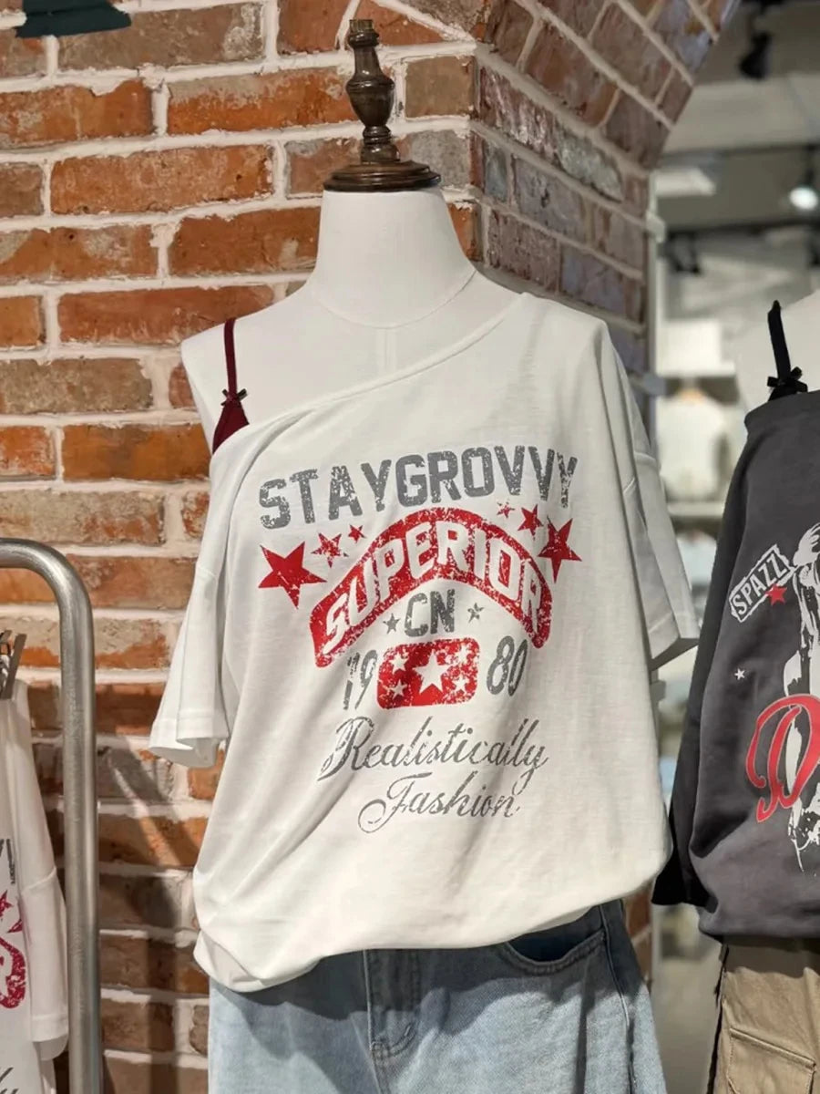 Letter Star Print Slash Neck T-shirts Women Summer New Sexy Cotton Slim Short Sleeve Tee Cute Sweet Preppy Style Tshirt Y2K Tops