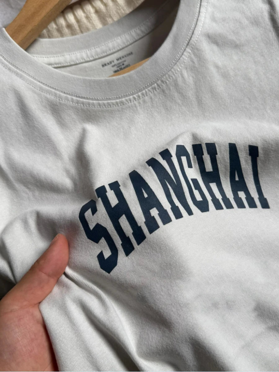 SHANGHAI Print Cement Gray T-shirts Women Casual Letter O-neck Short Sleeve Cotton Tee Shirts Vintage Chic Tshirts Y2k Tops