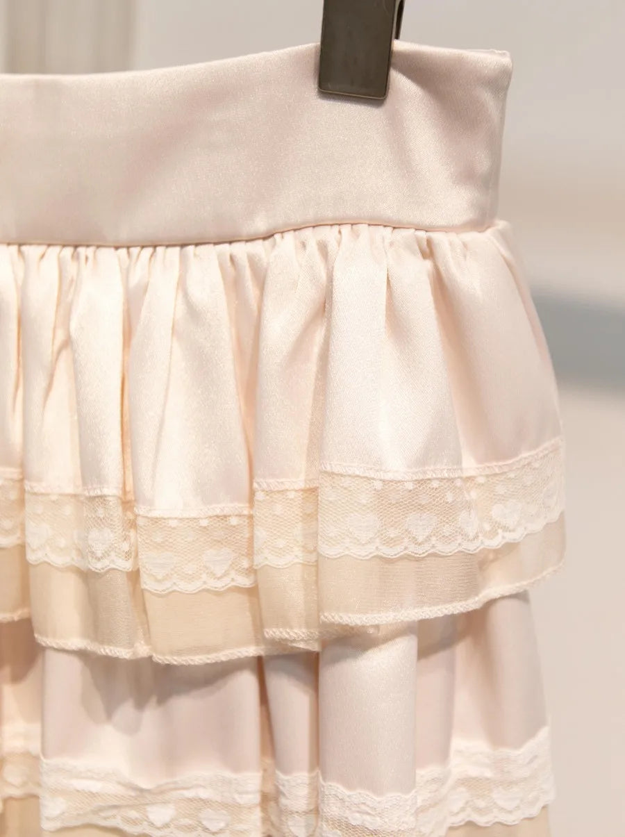 Pink Lace Trim Ruffles A-line Skirts Women Summer New Cotton Elastic High Waist Short Faldas Sweet Preppy Style Cute Mini Skirt