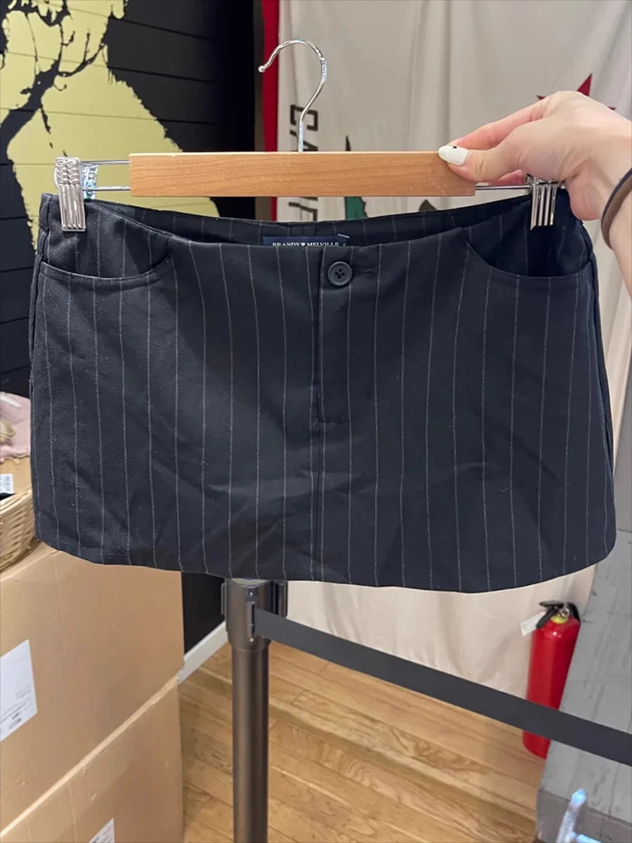 Striped Low Rise Mini Skirts Women Summer Pockets Straight Streetwear Casual Slim Short Falda Female Sweet Chic Vintage Skirt