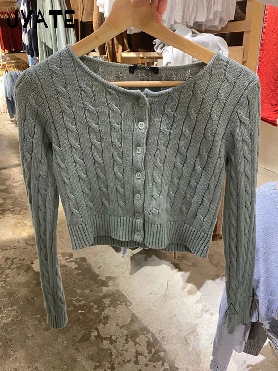 Drak Green O-neck Knit Cardigan Women Spring Cotton Casual Streetwear Slim Cropped Sweaters Vintage Simple Sweet Kniitwear Y2K