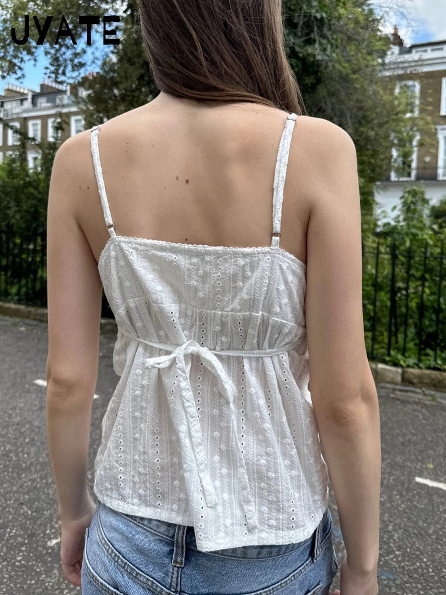 White Eyelet Back Lace-up Tank Tops Women New Simple Cotton Causal V-neck Sexy Sleeveless Vests Sweet Slim Cropped Camisole Y2K