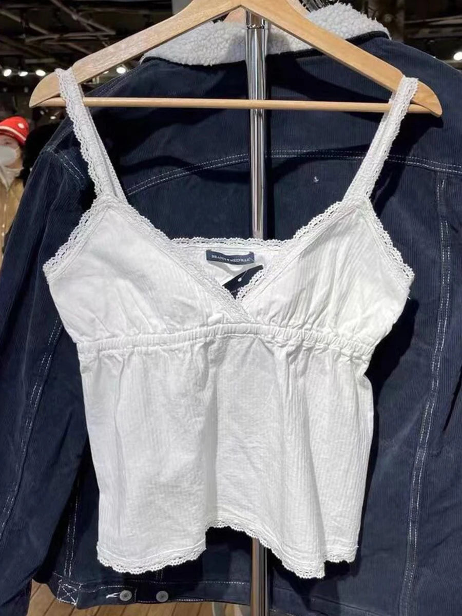 White Lace Trim V-neck Slim Tank Top Women Summer Cotton Aesthetic Streetwear Sleeveless Vests Sweet Vintage Chic Cute Y2K Camis
