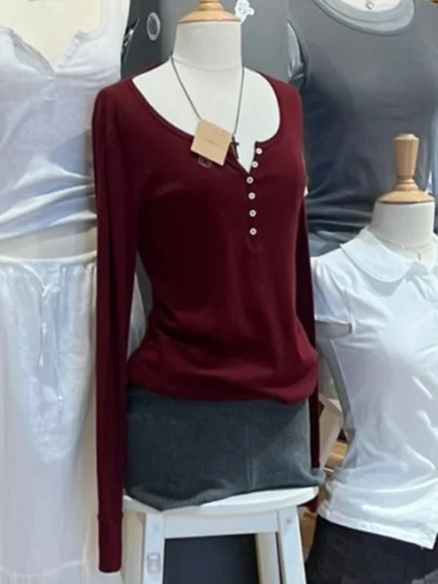 Pink Six Buttons Thin Long Sleeve T-shirts Women Spring Round Neck Cotton Slim Tee Top Female Cute Sweet Tshirt Y2k Tops New