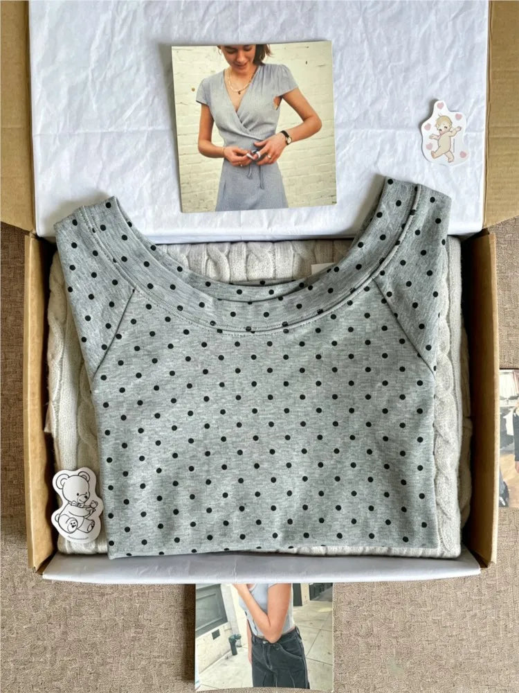 Polka Dot Gray Slash Neck T-shirt Women Casual Preppy Style Slim Short Raglan Sleeve Cotton Tee Shirts Vintage Sweet TshirtsY2K