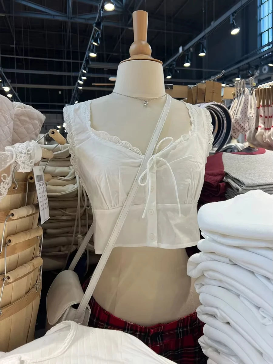 White Lace Trim Slim Tank Tops Women New Lace-up V-neck Single Breasted Sleeveless Crop Top Sweet Simple Basic Cropped Vest Y2K
