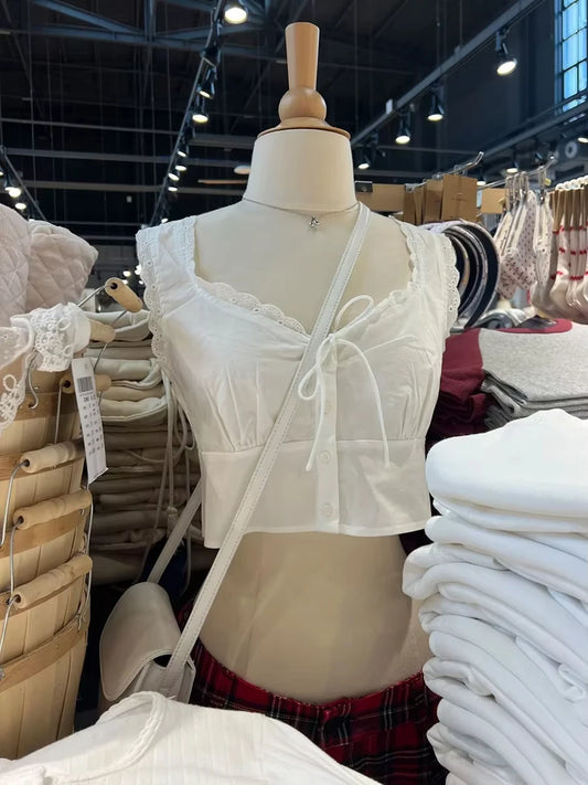 White Lace Trim Slim Tank Tops Women New Lace-up V-neck Single Breasted Sleeveless Crop Top Sweet Simple Basic Cropped Vest Y2K