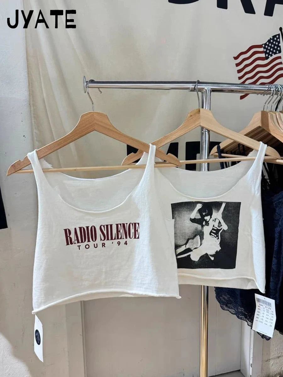Fashion Guitar Print Raw Hem Cropped Vests Women New Cotton Casual Preppy Style Sleeveless Crop Top Vintage Chic Sweet Tank Tops