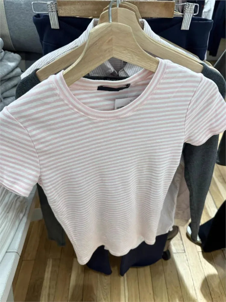 Sweet Pink Striped Slim T-shirt Women Spring Round Neck Cotton Short Sleeve Tee Shirts Female Cute Preppy Style Y2K T shirts New