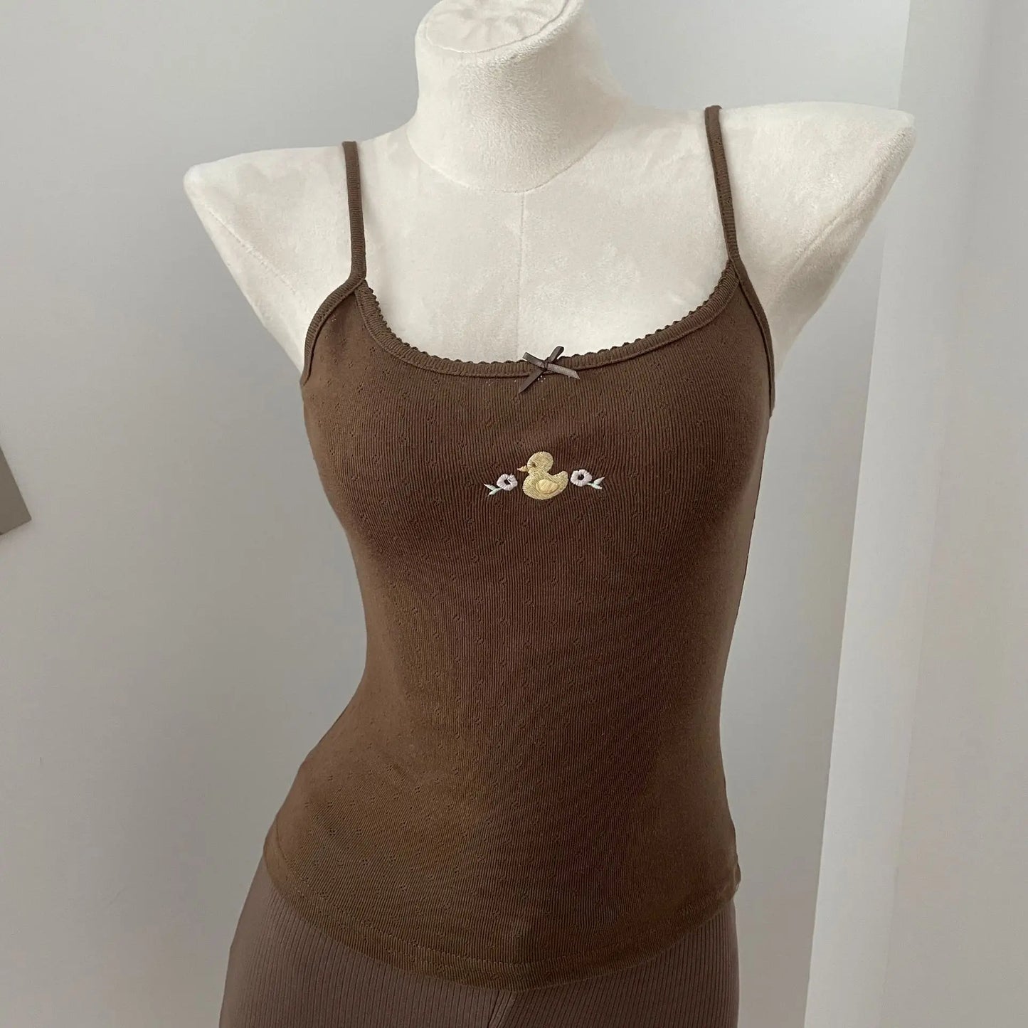 Cute Little Duck Embroidery Tank Tops Women Summer New Casual Slim Bow Sleeveless Vests Sweet Preppy Style Camisole Y2K Clothes