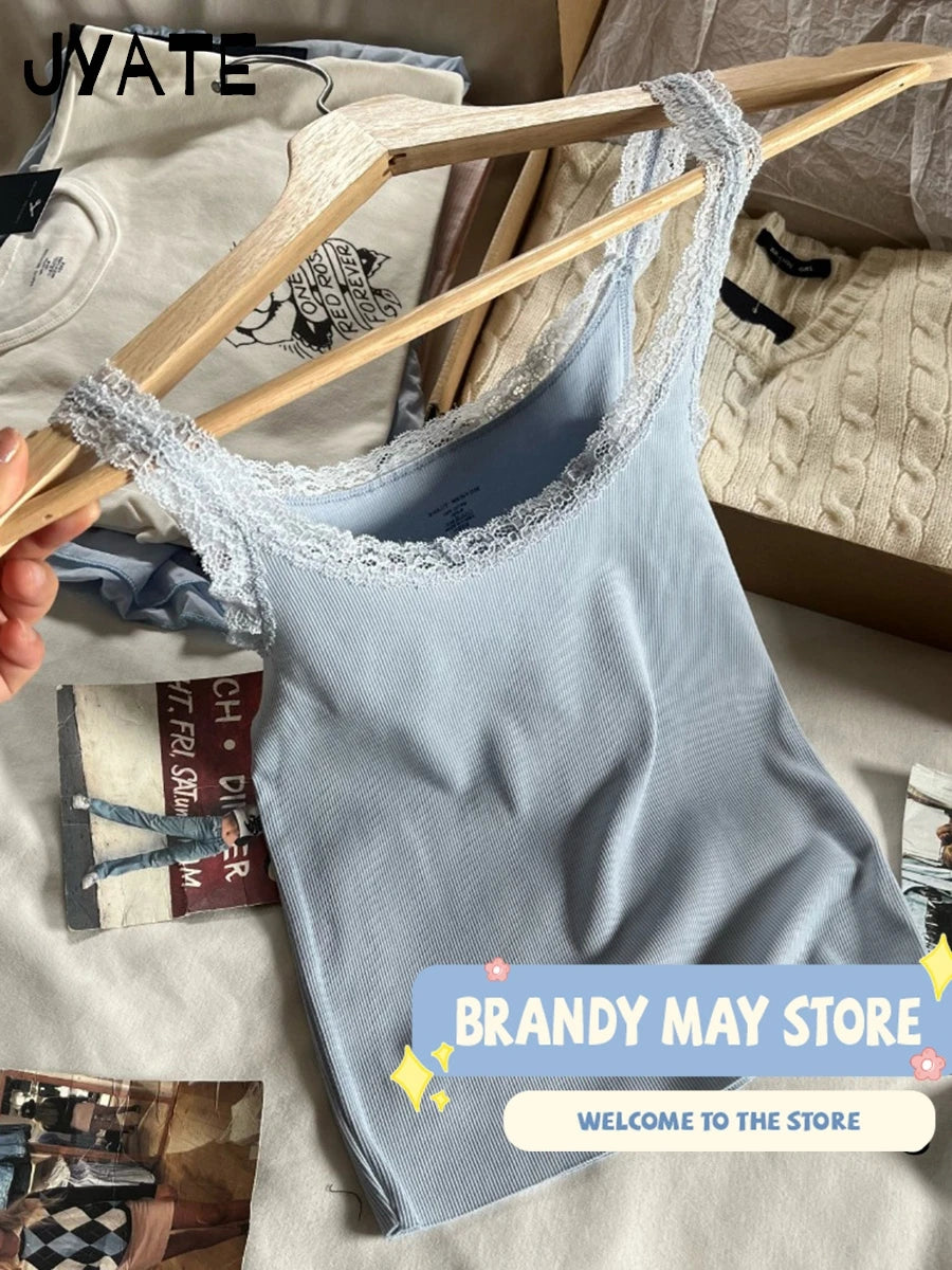 Fashion Blue Lace Trim Slim Cropped Vests Women New Cotton Casual Sexy Basic Sleeveless Tank Tops Sweet Cute Simple Camisole Y2K