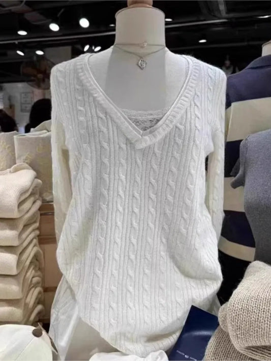 New Beige Twisted Flower Thin Knitted Sweater Women V-Neck Long Sleeve Jumpers Spring Sweet Cute Preppy Style Sweater Top