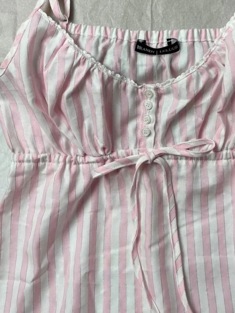 Pink Striped Lace-up Tank Tops Women Summer Cotton Lace Trim Slim Buttons Strapless Vests Female Sweet Cute Preppy Camisole Y2K