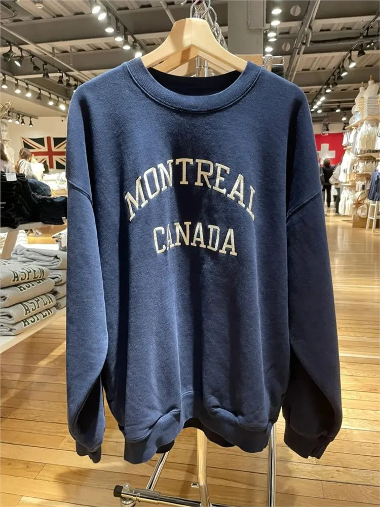 Streetwear Letter Embroidery Sweatshirt Women Loose O-neck Cotton Long Sleeve Hoodie Vintage American Oversized Sweatshirts Tops