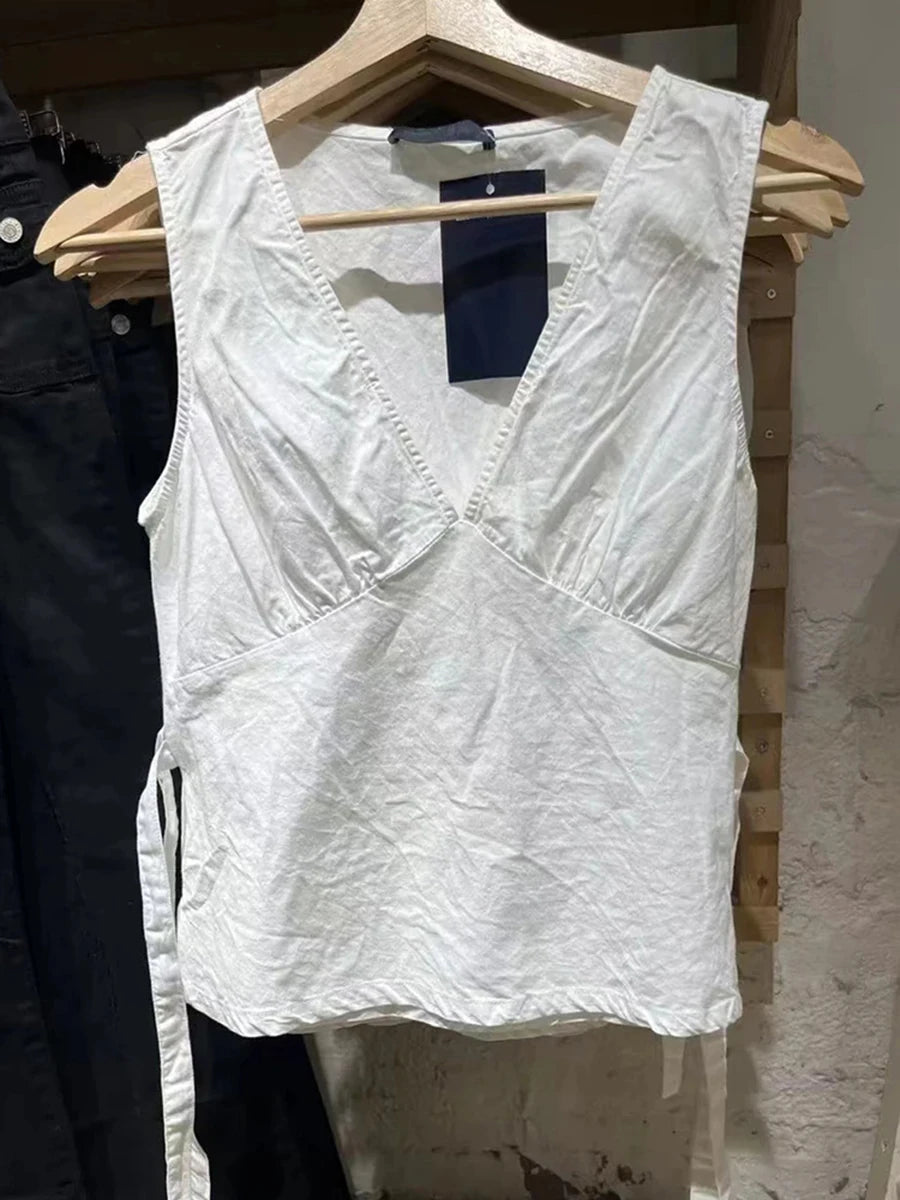 Red Floral Sexy Deep V-neck Tank Tops Women Summer New Lace-up Slim Sleeveless Camisole Vintage Streetwear Sweet Vests Y2K Top