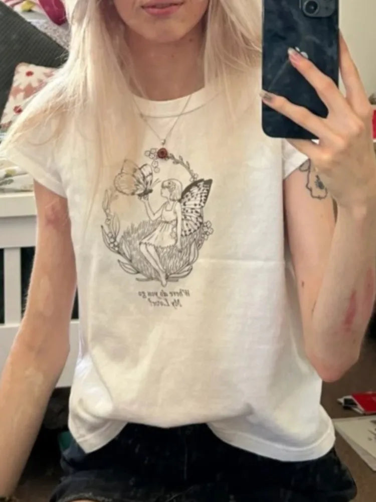 Sweet Grils Print Slim T-shirt Women Summer Navy Cotton O-neck Short Sleeve Tee Shirts Vintage Cute Preppy Style Tshirt Y2K Tops