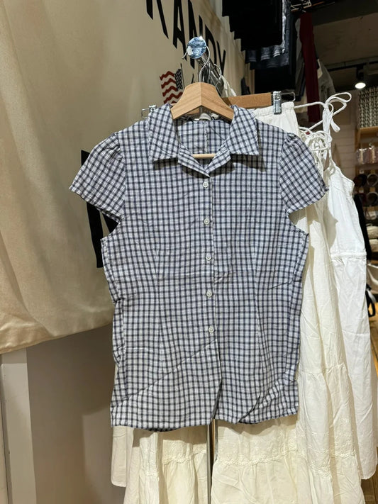 Vintage Plaid  Lapel Blouse Top Women Summer Casual Preppy Style Buttons Short Sleeve Tees Sweet Cute Retro T-shirts Y2K Tops