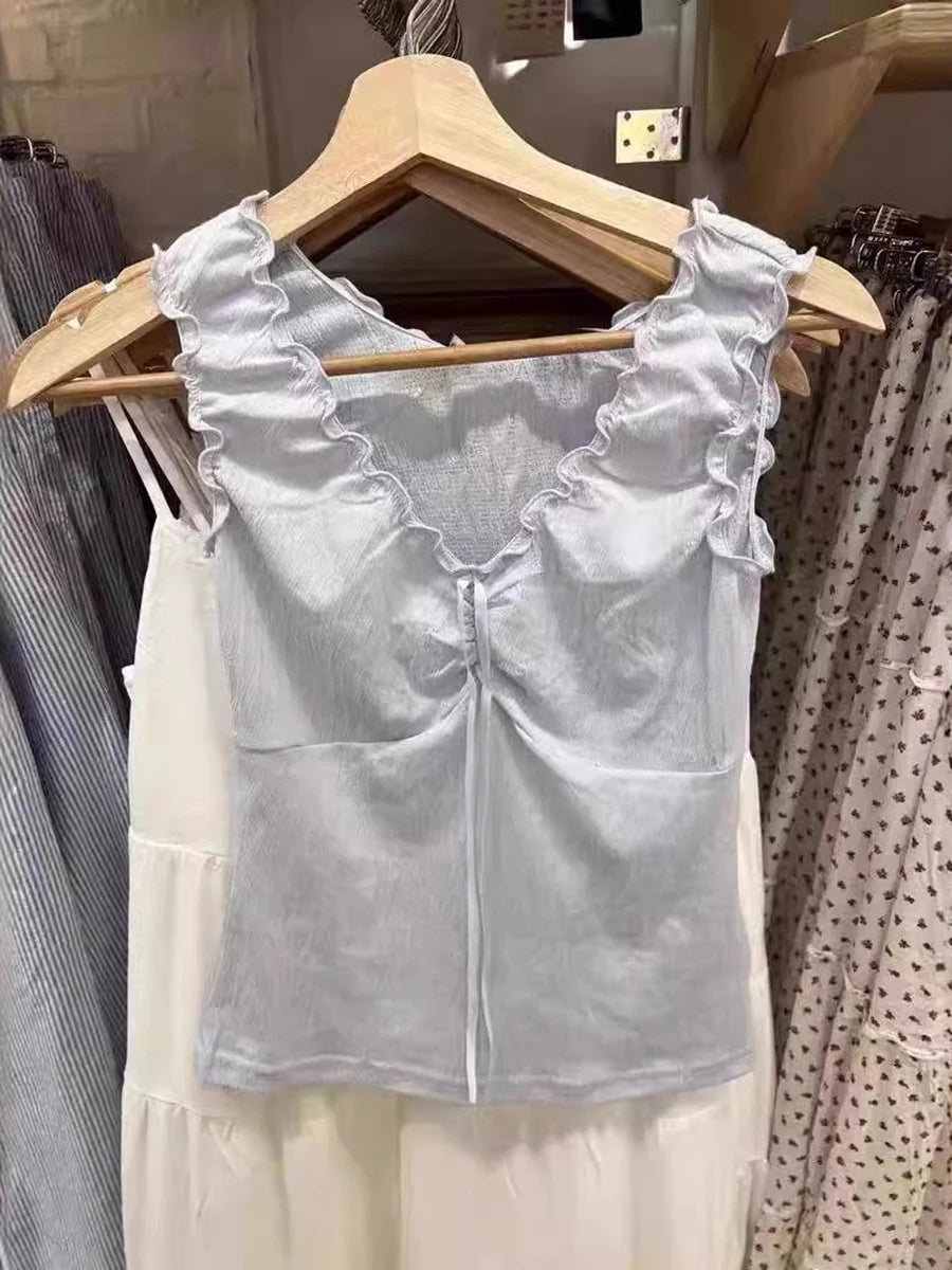 Cute Pink Fungus Trim Slim Tank Tops Women Summer Sleeveless Sexy Bow V-neck Cotton Crop Top Femme Simple Sweet Cute Vests Y2K