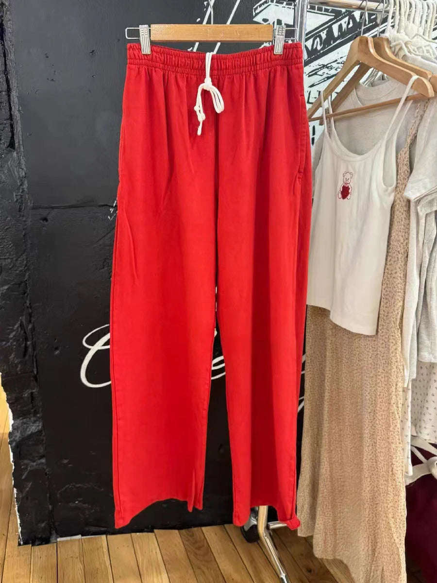 Red Drawstring Straight Sweatpants Women Autumn New High Waist Cotton Simple Sport Long Pant Vintage Casual Y2K Sweatpants New