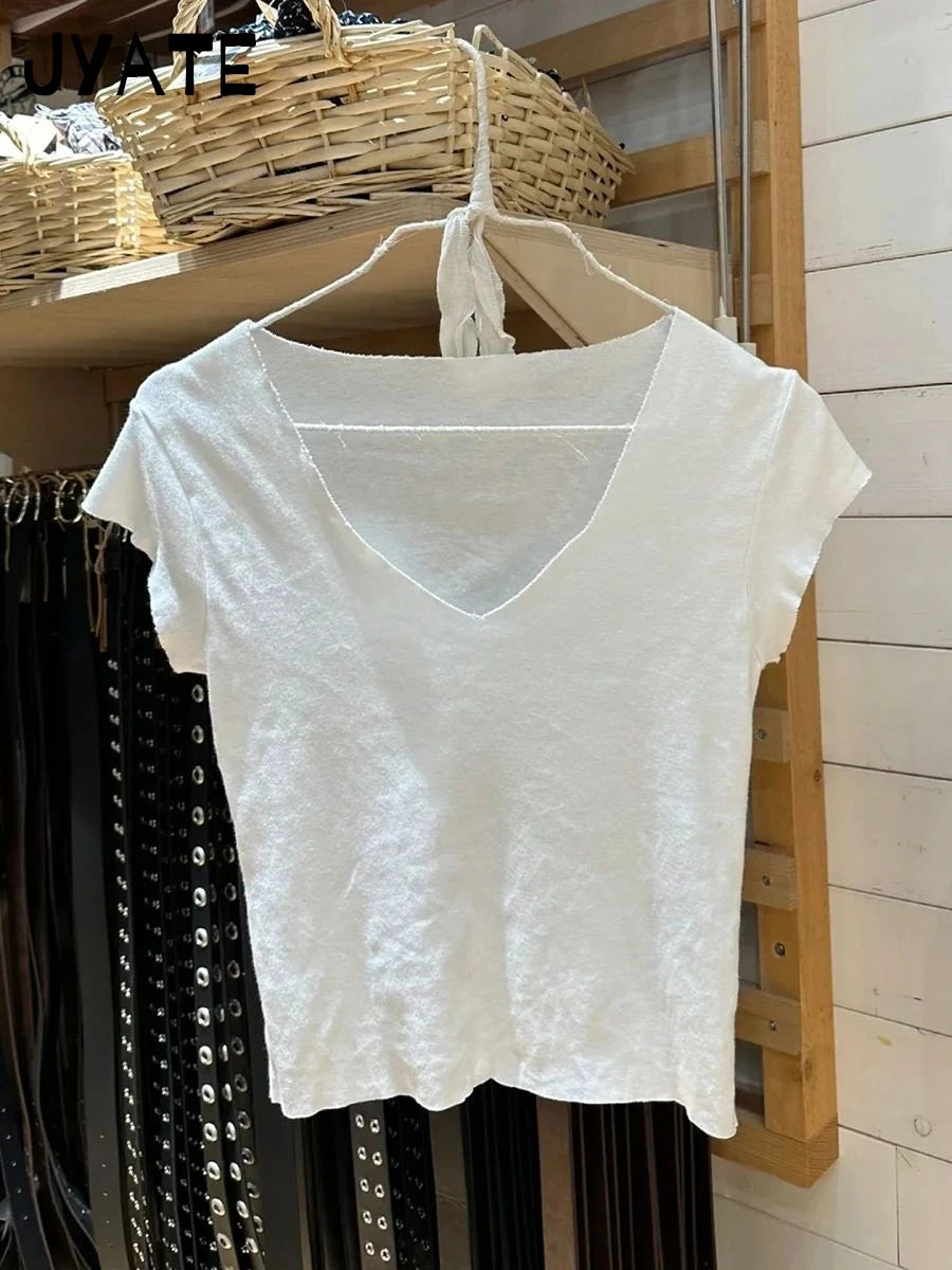 Simple Basic White V-neck T-shirts Women Summer Cotton Soft Casual Preppy Style Short Sleeve Tees Sweet Chic Y2K T Shirt Clothes