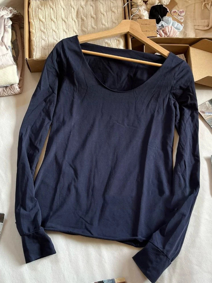 Solid Simple Thin Cotton Long Sleeve T-shirts Women Autumn Sexy Scoop Neck Raw Trim Slim T Shirt Vintage Sweet Basic Tees Y2k