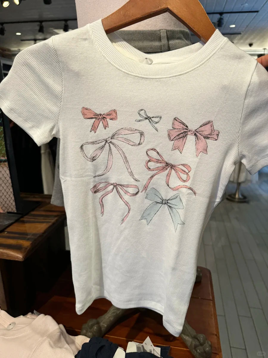 Sweet Pink Cake Graphic Ribbed T-shirt Summer New Round Neck Slim Short Sleeve Tees Women Casual All-match Cotton Crop Top Y2k