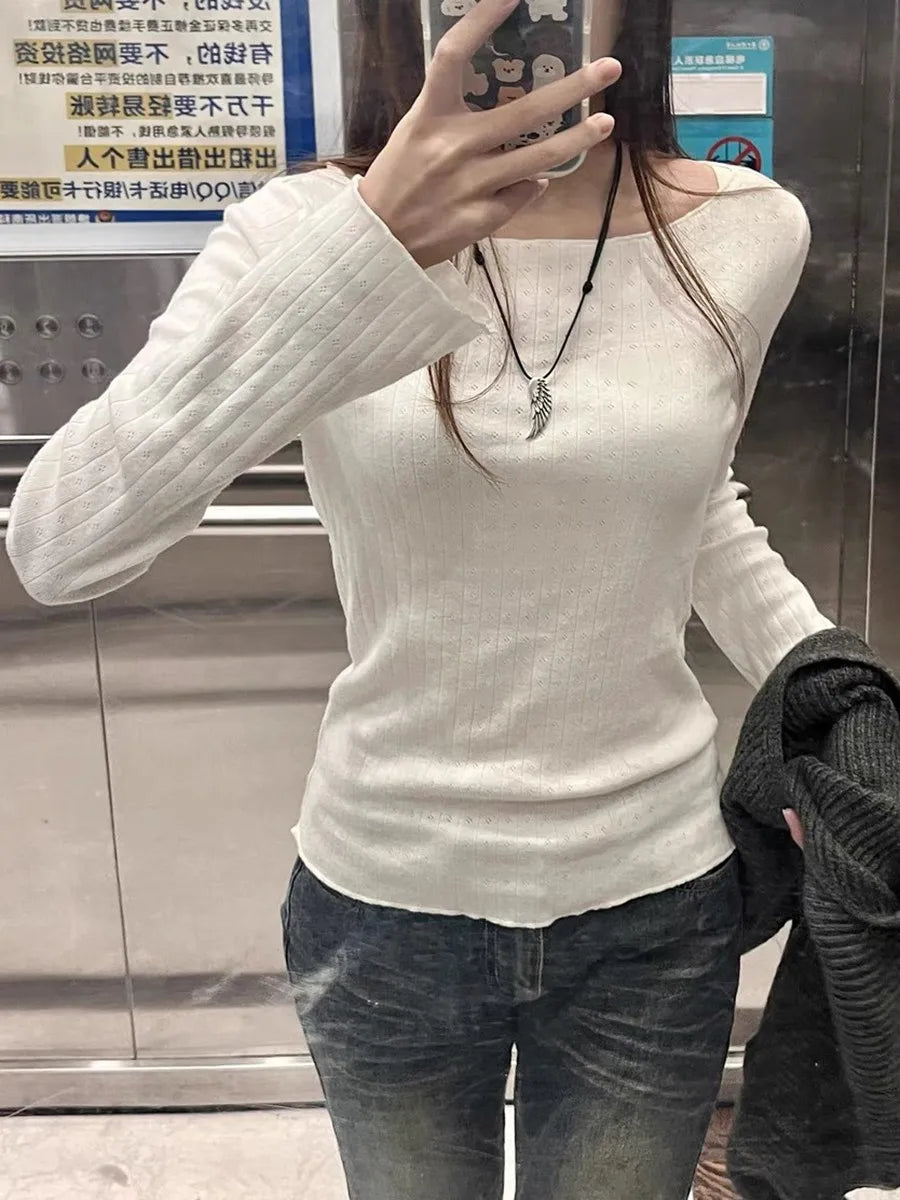 Simple White Hollow Out Slim T-shirts Women Cotton Raw Trim Crew Neck Long Sleeve Tops Clothes Vintage Chic Sweet Tees Clothes