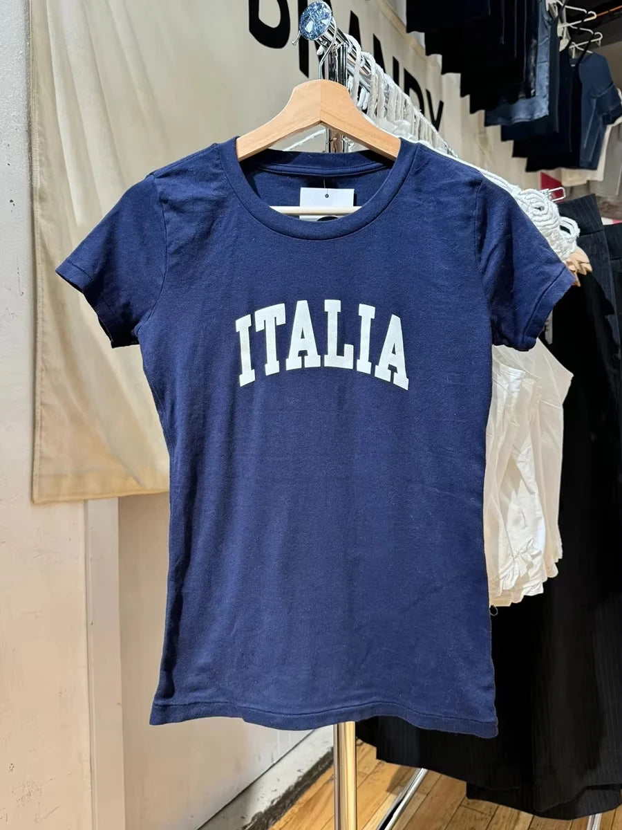 NO.14 Print Slim Navy T-shirts Women New Cotton Casual O-neck Short Sleeve Tees Girl American Vintage Streetwear Tshirt Y2K Tops