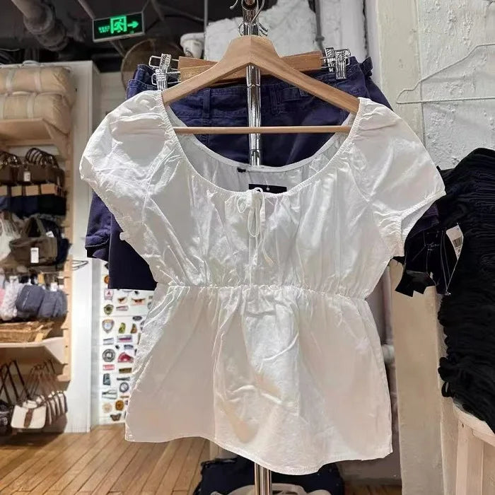 Vintage Gray Plaid Short Puff Sleeve Tee Women Three Button Square Neck Lace Trim T-Shirt Blouse Sweet Cute Retro Crop Tops New